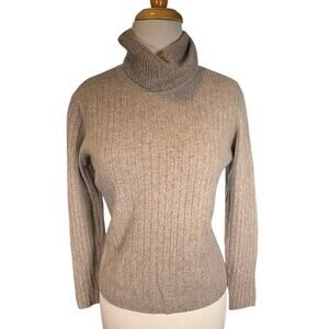 Sarah B Studio 100% Cashmere Turtleneck Sweater Medium Beige Ribbed Knit Pullove